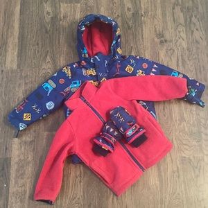 WARM INSULATED LIKE NEW 3T SNOW-PANT/JACKET SET AND MATCHING MITTENS SO CUTE:)
